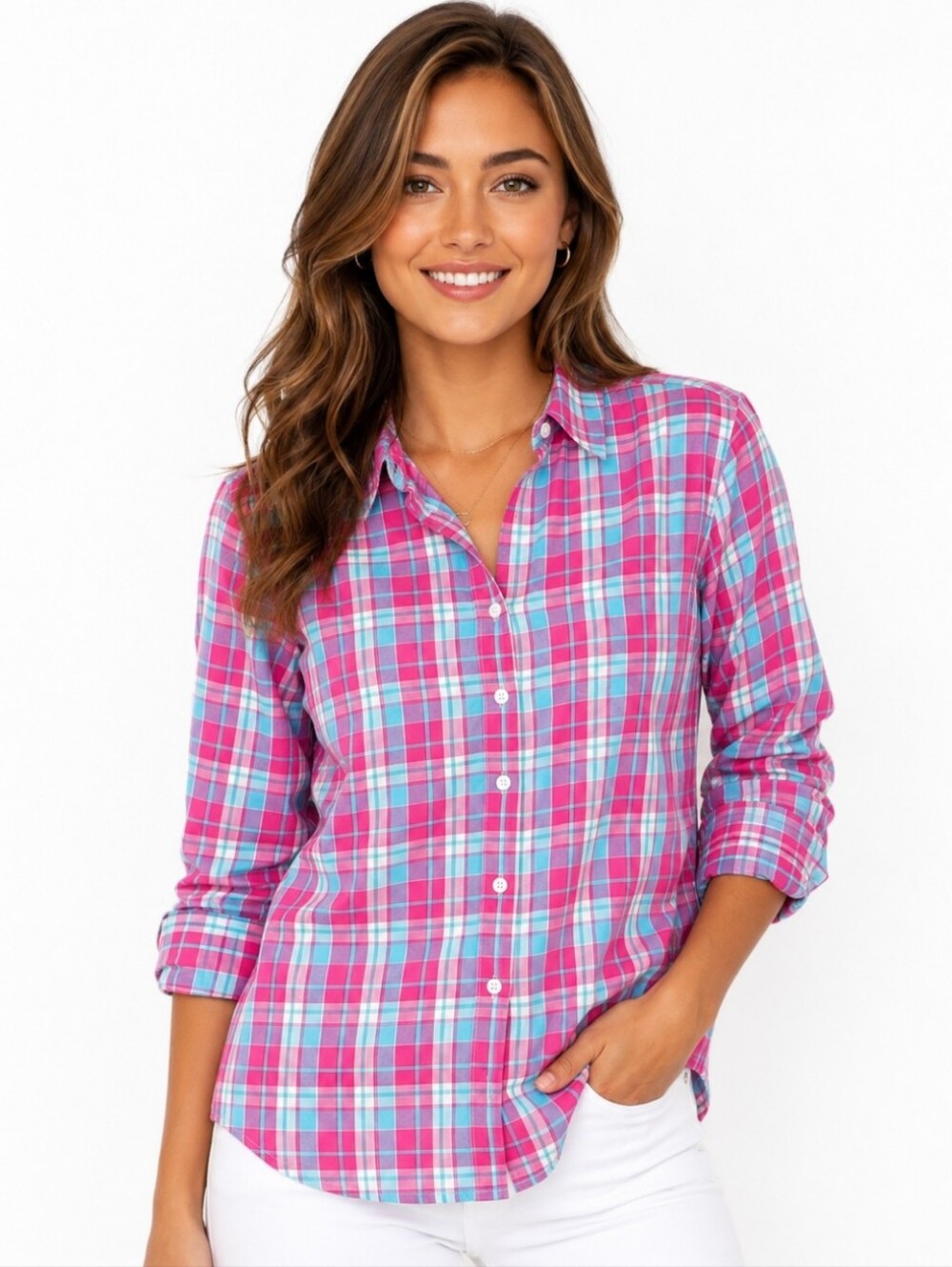 RVYC  Women's Pink and Blue Plaid Button Down Shirt ( Size:M)